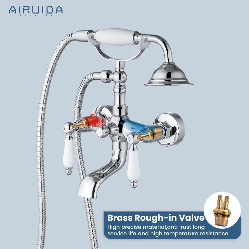 Airuida Wall Mount Bathtub Shower Faucet Kit with Telephone Shaped Handheld Sprayer Double Hot and Cold Water Mixer Tap Wall Mounted Tub Filler Set Vintage Style Lever Handles Chrome Polish - Image 4